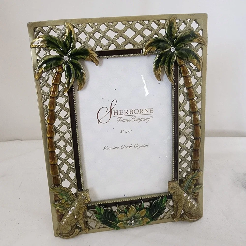 Sherborne Crystal 4x6 Photo Frame Tropical Cheetah Palm Tree Gold Lattice
